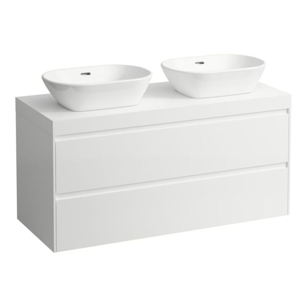LAUFEN LANI Modulárny systém, 118,5 × 49,5 × 58 cm, s umývadlovou doskou 65 mm, s výrezom vľavo a vpravo, s 2 zásuvkami, umývadlová doska vo farbe biela mat (260), 1185x495x580 mm, Biela lesklá 261, H4045741122611