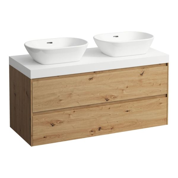LAUFEN LANI Modulárny systém, 118,5 × 49,5 × 58 cm, s umývadlovou doskou 65 mm, s výrezom vľavo a vpravo, s 2 zásuvkami, umývadlová doska vo farbe biela mat (260), 1185x495x580 mm, Divoký dub 267, H4045741122671