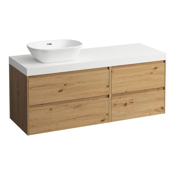 LAUFEN LANI Modulárna zostava 1400, umývadlová doska 65 mm (.260 biela matná), s výrezom vľavo, so 2 zásuvkami: zásuvkový element 800 ľavý + zásuvkový element 600 pravý, 1370x495x580 mm, Divoký dub 267, H4045821122671