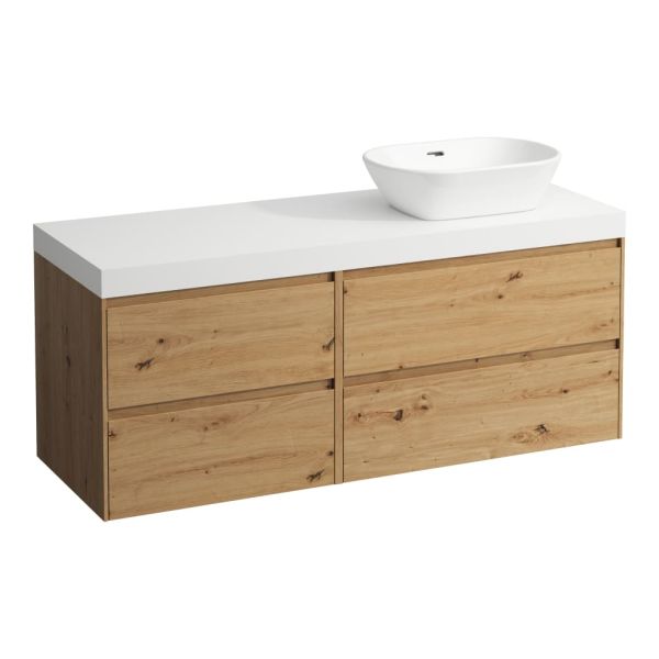 LAUFEN LANI Modulárna zostava 1400, umývadlová doska 65 mm (.260 biela matná), s výrezom vpravo, so 2 zásuvkami: zásuvkový element 800 pravý + zásuvkový element 600 ľavý, 1370x495x580 mm, Divoký dub 267, H4045831122671
