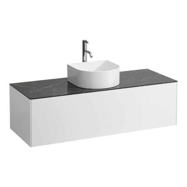 LAUFEN SONAR Skrinka pod umývadlo, s 1 zásuvkou, pre umývadlové misy H812340, H812341, H812342, H812343, s výrezom uprostred vr. otvoru pre batériu uprostred, 1175x455x340 mm, Biela matná & nero marquina 143, H4054250341431