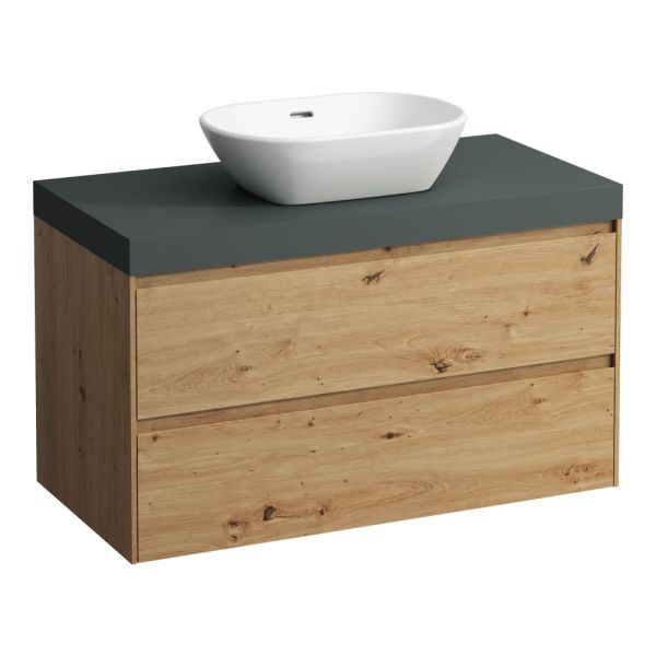 LAUFEN LANI Modulárna zostava 1000, umývadlová doska 65 mm (.260 šedá traffic), s 1 výrezom uprostred, s 2 zásuvkami, 985x495x580 mm, Divoký dub 267, H4055611122671