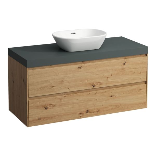 LAUFEN LANI Modulárna zostava 1200, umývadlová doska 65 mm (.260 šedá traffic), s 1 výrezom uprostred, s 2 zásuvkami, 1185x495x580 mm, Divoký dub 267, H4055711122671