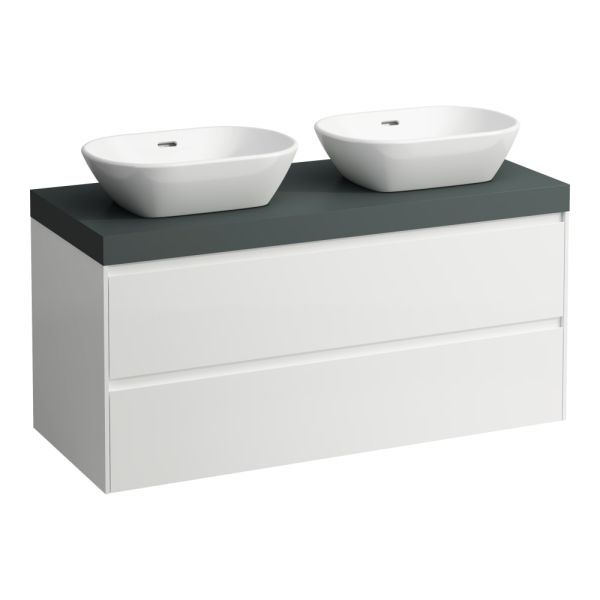 LAUFEN LANI Modulárny systém, 118,5 × 49,5 × 58 cm, s umývadlovou doskou 65 mm, s výrezom vľavo a vpravo, s 2 zásuvkami, umývadlová doska vo farbe šedá traffic (266), 1185x495x580 mm, Špeciálne farby 990, H4055741129901
