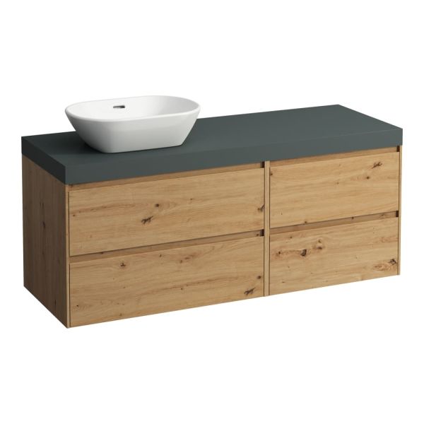 LAUFEN LANI Modulárna zostava 1400, umývadlová doska 65 mm (.260 šedá traffic), s výrezom vľavo, so 2 zásuvkami: zásuvkový element 800 ľavý + zásuvkový element 600 pravý, 1370x495x580 mm, Divoký dub 267, H4055821122671