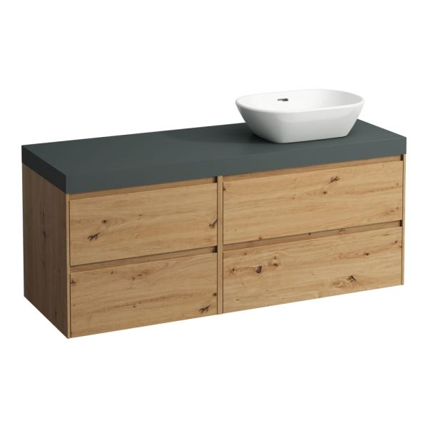 LAUFEN LANI Modulárna zostava 1400, umývadlová doska 65 mm (.260 šedá traffic), s výrezom vpravo, so 2 zásuvkami: zásuvkový element 800 pravý + zásuvkový element 600 ľavý, 1370x495x580 mm, Divoký dub 267, H4055831122671