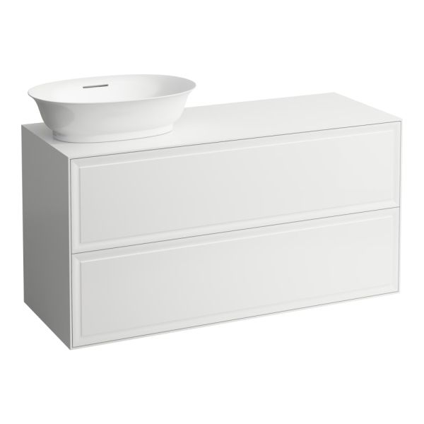 LAUFEN THE NEW CLASSIC Skrinka pod umývadlo 118 × 45 × 35 cm, s 2 zásuvkami, s výrezom vľavo, pre umývadlové misy 812850, 812851, 812852, 812853, 1175x455x600 mm, Biela lakovaná 631, H4060830856311