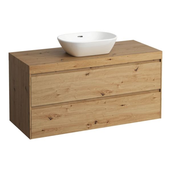 LAUFEN LANI Modulárna zostava 1200, umývadlová doska 65 mm (.267 divoký dub), s 1 výrezom uprostred, s 2 zásuvkami, 1185x495x580 mm, Divoký dub 267, H4065711122671