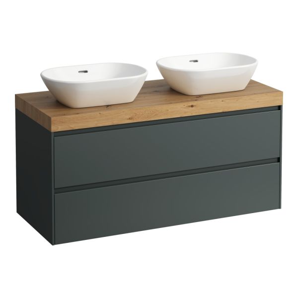 LAUFEN LANI Modulárny systém, 118,5 × 49,5 × 58 cm, s umývadlovou doskou 65 mm, s výrezom vľavo a vpravo, s 2 zásuvkami, umývadlová doska vo farbe divoký dub (267), 1185x495x580 mm, Šedá traffic 266, H4065741122661