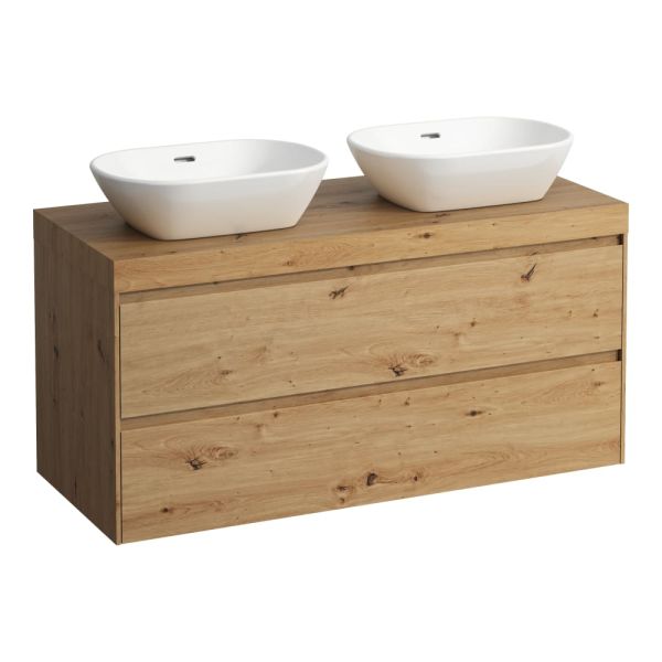 LAUFEN LANI Modulárny systém, 118,5 × 49,5 × 58 cm, s umývadlovou doskou 65 mm, s výrezom vľavo a vpravo, s 2 zásuvkami, umývadlová doska vo farbe divoký dub (267), 1185x495x580 mm, Divoký dub 267, H4065741122671