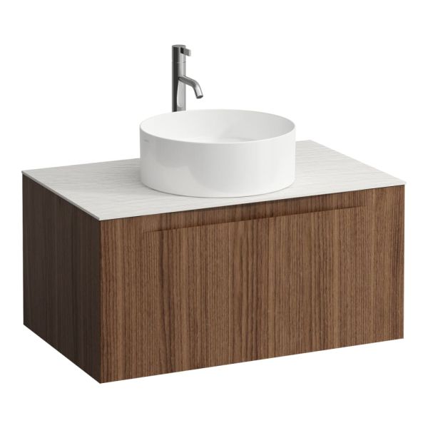 LAUFEN ARUN Zásuvkový element 800, s 1 zásuvkou, s výrezom uprostred, s vrchnou doskou Ardesia Bianca vr. otvoru pre batériu, 805x505x390 mm, Noce Canaletto – drevená dyha 630, H4141051516301