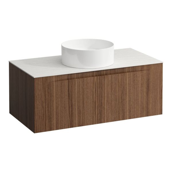 LAUFEN ARUN Zásuvkový element 1000, s 1 zásuvkou, s výrezom uprostred, s vrchnou doskou Ardesia Bianca, 1005x505x390 mm, Noce Canaletto – drevená dyha 630, H4141111516301