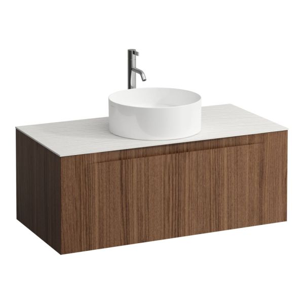 LAUFEN ARUN Zásuvkový element 1000, s 1 zásuvkou, s výrezom uprostred, s vrchnou doskou Ardesia Bianca vr. otvoru pre batériu, 1005x505x390 mm, Noce Canaletto – drevená dyha 630, H4141151516301