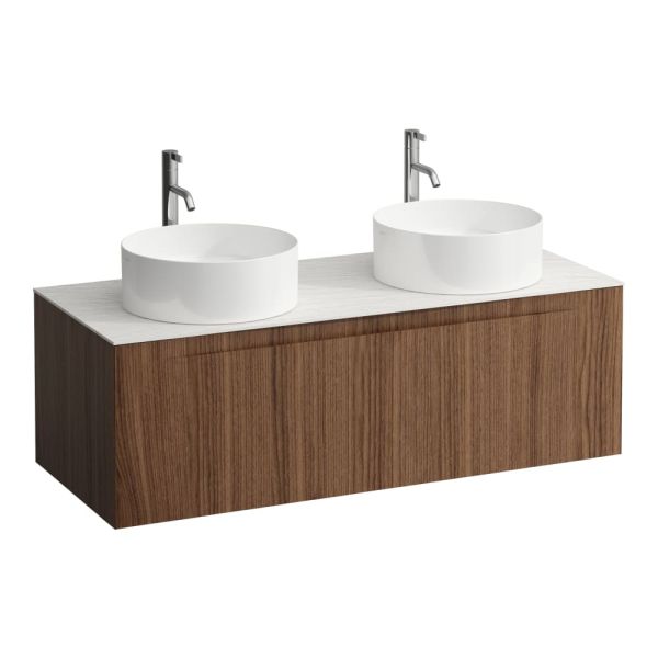 LAUFEN ARUN Zásuvkový element 1200, s 1 zásuvkou, s výrezom vľavo a vpravo, s vrchnou doskou Ardesia Bianca vr. otvoru pre batériu, 1205x505x390 mm, Noce Canaletto – drevená dyha 630, H4141291516301