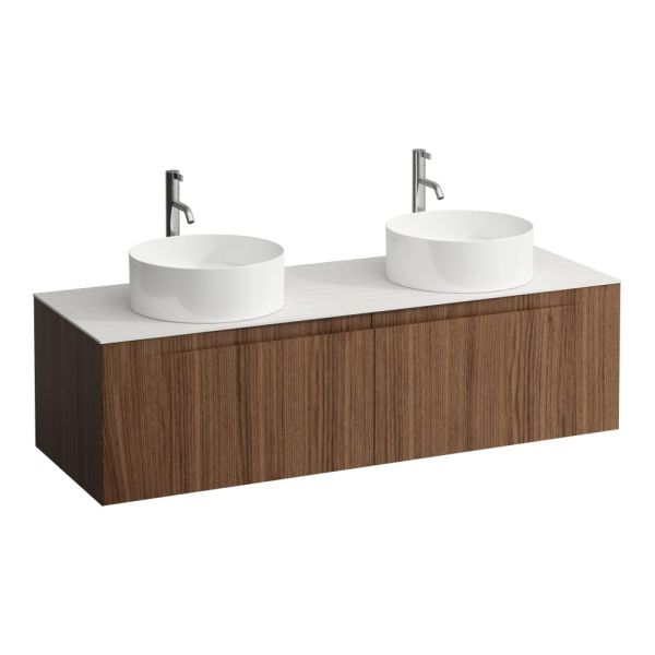 LAUFEN ARUN Zásuvkový element 1400, s 2 zásuvkami, s výrezom vľavo a vpravo, s vrchnou doskou Ardesia Bianca vr. otvoru pre batériu, 1405x505x390 mm, Noce Canaletto – drevená dyha 630, H4141391516301