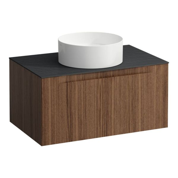 LAUFEN ARUN Zásuvkový element 800, s 1 zásuvkou, s výrezom uprostred, s vrchnou doskou Ardesia Nera, 805x505x390 mm, Noce Canaletto – drevená dyha 630, H4151011516301