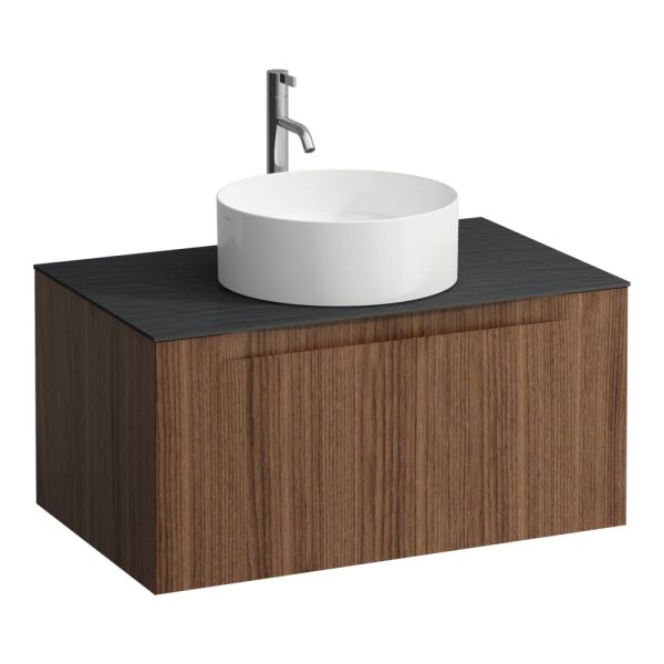 LAUFEN ARUN Zásuvkový element 800, s 1 zásuvkou, s výrezom uprostred, s vrchnou doskou Ardesia Nera vr. otvoru pre batériu, 805x505x390 mm, Noce Canaletto – drevená dyha 630, H4151051516301