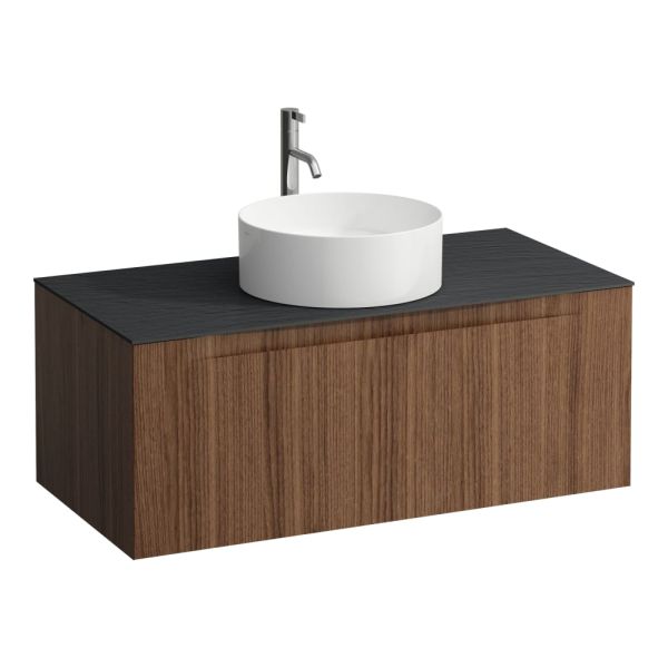 LAUFEN ARUN Zásuvkový element 1000, s 1 zásuvkou, s výrezom uprostred, s vrchnou doskou Ardesia Nera vr. otvoru pre batériu, 1005x505x390 mm, Noce Canaletto – drevená dyha 630, H4151151516301