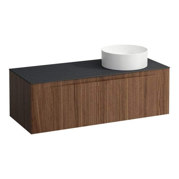 LAUFEN ARUN Zásuvkový element 1200, s 1 zásuvkou, s výrezom vpravo, s vrchnou doskou Ardesia Nera, 1205x505x390 mm, Noce Canaletto – drevená dyha 630, H4151231516301