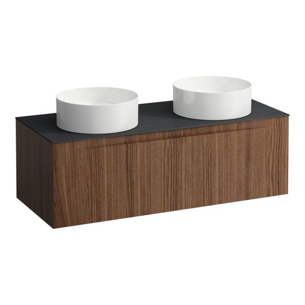 LAUFEN ARUN Zásuvkový element 1200, s 1 zásuvkou, s výrezom vľavo a vpravo, s vrchnou doskou Ardesia Nera, 1205x505x390 mm, Noce Canaletto – drevená dyha 630, H4151241516301