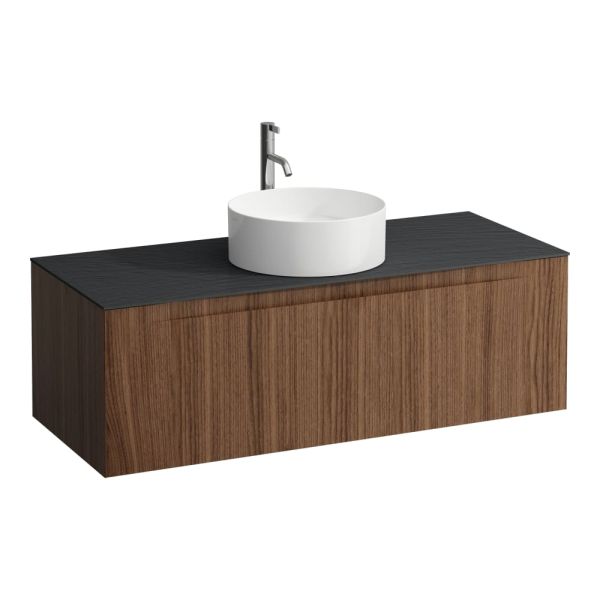 LAUFEN ARUN Zásuvkový element 1200, s 1 zásuvkou, s výrezom uprostred, s vrchnou doskou Ardesia Nera vr. otvoru pre batériu, 1205x505x390 mm, Noce Canaletto – drevená dyha 630, H4151251516301