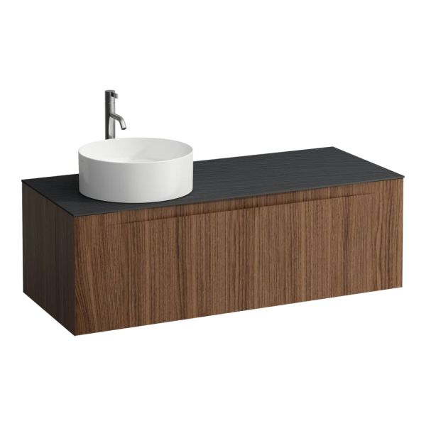 LAUFEN ARUN Zásuvkový element 1200, s 1 zásuvkou, s výrezom vľavo, s vrchnou doskou Ardesia Nera vr. otvoru pre batériu, 1205x505x390 mm, Noce Canaletto – drevená dyha 630, H4151261516301