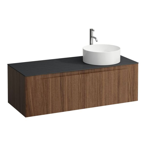 LAUFEN ARUN Zásuvkový element 1200, s 1 zásuvkou, s výrezom vpravo, s vrchnou doskou Ardesia Nera vr. otvoru pre batériu, 1205x505x390 mm, Noce Canaletto – drevená dyha 630, H4151271516301