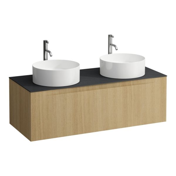 LAUFEN ARUN Zásuvkový element 1200, s 1 zásuvkou, s výrezom vľavo a vpravo, s vrchnou doskou Ardesia Nera vr. otvoru pre batériu, 1205x505x390 mm, Bledý dub 250, H4151291512501