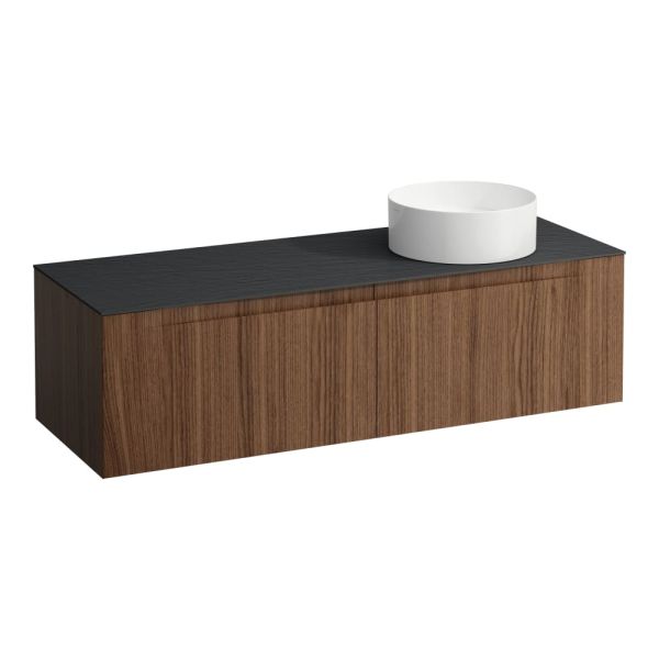 LAUFEN ARUN Zásuvkový element 1400, s 2 zásuvkami, s výrezom vpravo, s vrchnou doskou Ardesia Nera, 1405x505x390 mm, Noce Canaletto – drevená dyha 630, H4151331516301