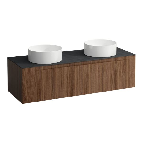 LAUFEN ARUN Zásuvkový element 1400, s 2 zásuvkami, s výrezom vľavo a vpravo, s vrchnou doskou Ardesia Nera, 1405x505x390 mm, Noce Canaletto – drevená dyha 630, H4151341516301