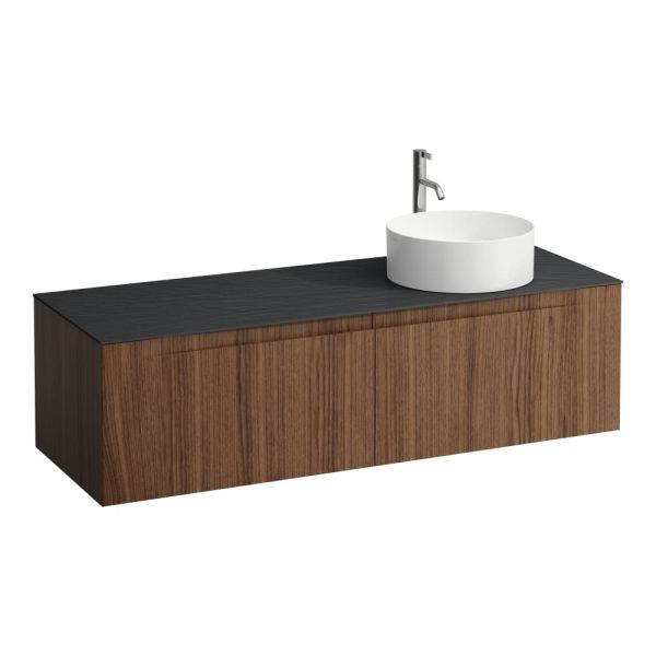 LAUFEN ARUN Zásuvkový element 1400, s 2 zásuvkami, s výrezom vpravo, s vrchnou doskou Ardesia Nera vr. otvoru pre batériu, 1405x505x390 mm, Noce Canaletto – drevená dyha 630, H4151371516301