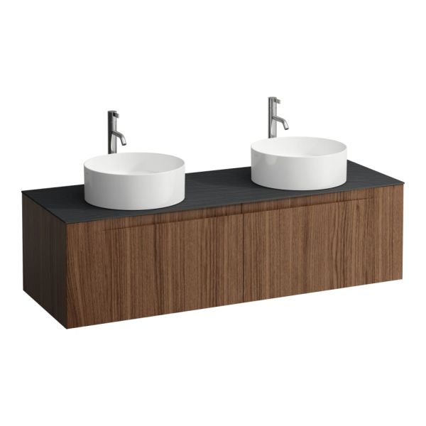 LAUFEN ARUN Zásuvkový element 1400, s 2 zásuvkami, s výrezom vľavo a vpravo, s vrchnou doskou Ardesia Nera vr. otvoru pre batériu, 1405x505x390 mm, Noce Canaletto – drevená dyha 630, H4151391516301