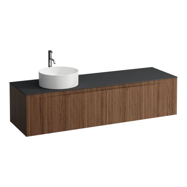 LAUFEN ARUN Zásuvkový element 1600, s 2 zásuvkami, s výrezom vľavo, s vrchnou doskou Ardesia Nera vr. otvoru pre batériu, 1605x505x390 mm, Noce Canaletto – drevená dyha 630, H4151461516301