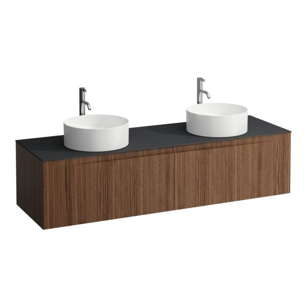 LAUFEN ARUN Zásuvkový element 1600, s 2 zásuvkami, s výrezom vľavo a vpravo, s vrchnou doskou Ardesia Nera vr. otvoru pre batériu, 1605x505x390 mm, Noce Canaletto – drevená dyha 630, H4151491516301