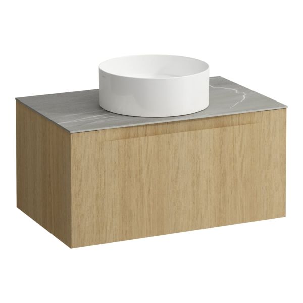 LAUFEN ARUN Zásuvkový element 800, s 1 zásuvkou, s výrezom uprostred, s vrchnou doskou Piasentina Grigio, 805x505x390 mm, Bledý dub 250, H4161011512501