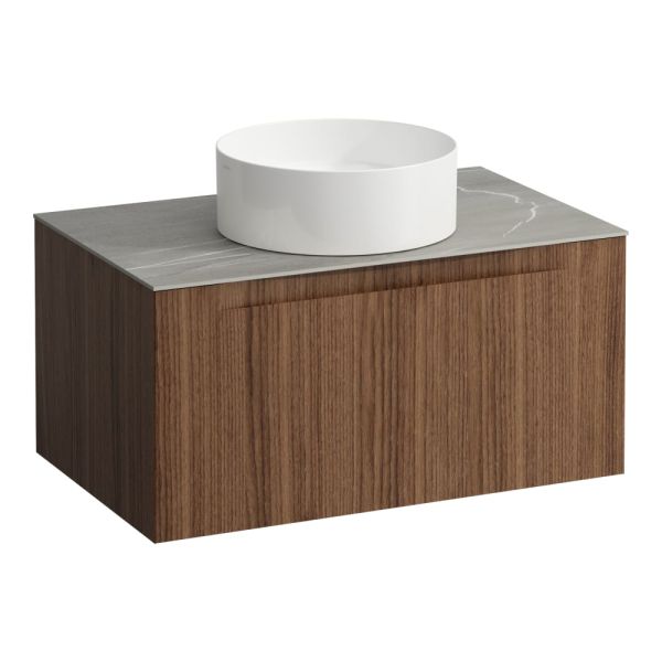 LAUFEN ARUN Zásuvkový element 800, s 1 zásuvkou, s výrezom uprostred, s vrchnou doskou Piasentina Grigio, 805x505x390 mm, Noce Canaletto – drevená dyha 630, H4161011516301