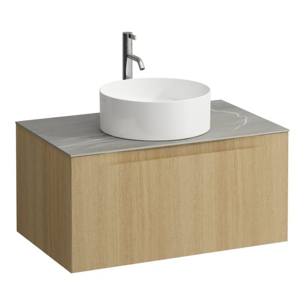 LAUFEN ARUN Zásuvkový element 800, s 1 zásuvkou, s výrezom uprostred, s vrchnou doskou Piasentina Grigio vr. otvoru pre batériu, 805x505x390 mm, Bledý dub 250, H4161051512501