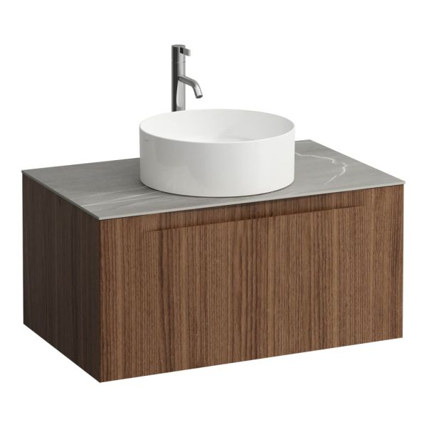 LAUFEN ARUN Zásuvkový element 800, s 1 zásuvkou, s výrezom uprostred, s vrchnou doskou Piasentina Grigio vr. otvoru pre batériu, 805x505x390 mm, Noce Canaletto – drevená dyha 630, H4161051516301