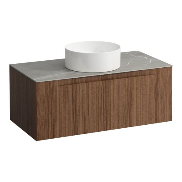 LAUFEN ARUN Zásuvkový element 1000, s 1 zásuvkou, s výrezom uprostred, s vrchnou doskou Piasentina Grigio, 1005x505x390 mm, Noce Canaletto – drevená dyha 630, H4161111516301