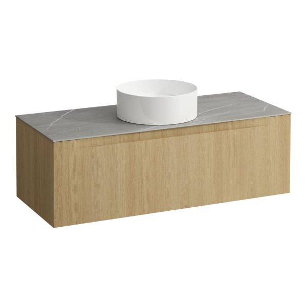 LAUFEN ARUN Zásuvkový element 1200, s 1 zásuvkou, s výrezom uprostred, s vrchnou doskou Piasentina Grigio, 1205x505x390 mm, Bledý dub 250, H4161211512501