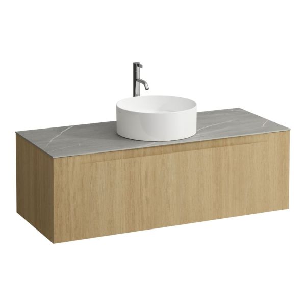 LAUFEN ARUN Zásuvkový element 1200, s 1 zásuvkou, s výrezom uprostred, s vrchnou doskou Piasentina Grigio vr. otvoru pre batériu, 1205x505x390 mm, Bledý dub 250, H4161251512501