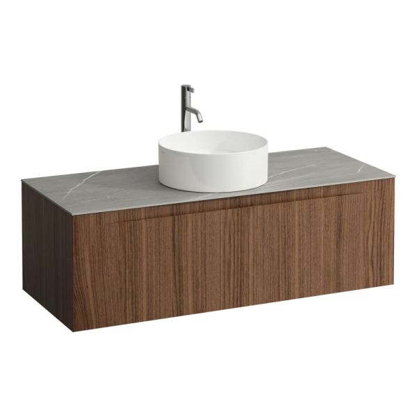 LAUFEN ARUN Zásuvkový element 1200, s 1 zásuvkou, s výrezom uprostred, s vrchnou doskou Piasentina Grigio vr. otvoru pre batériu, 1205x505x390 mm, Noce Canaletto – drevená dyha 630, H4161251516301