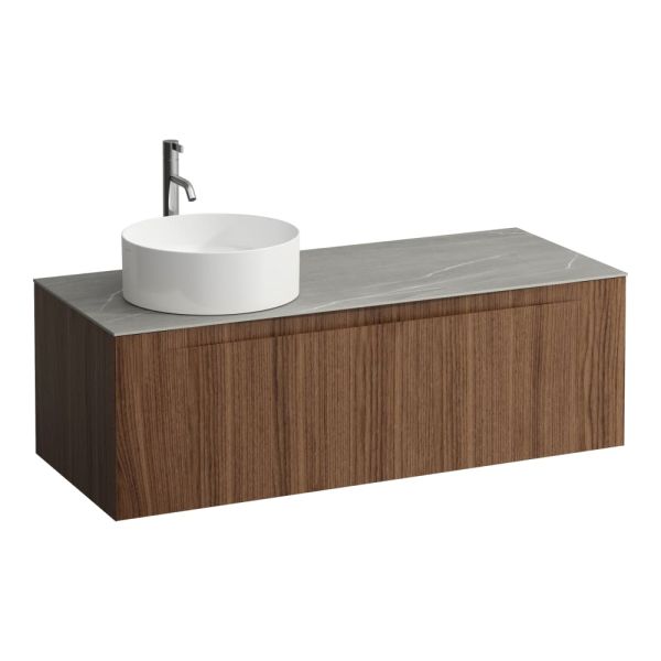 LAUFEN ARUN Zásuvkový element 1200, s 1 zásuvkou, s výrezom vľavo, s vrchnou doskou Piasentina Grigio vr. otvoru pre batériu, 1205x505x390 mm, Noce Canaletto – drevená dyha 630, H4161261516301