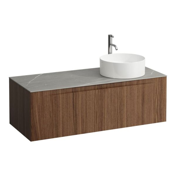 LAUFEN ARUN Zásuvkový element 1200, s 1 zásuvkou, s výrezom vpravo, s vrchnou doskou Piasentina Grigio vr. otvoru pre batériu, 1205x505x390 mm, Noce Canaletto – drevená dyha 630, H4161271516301