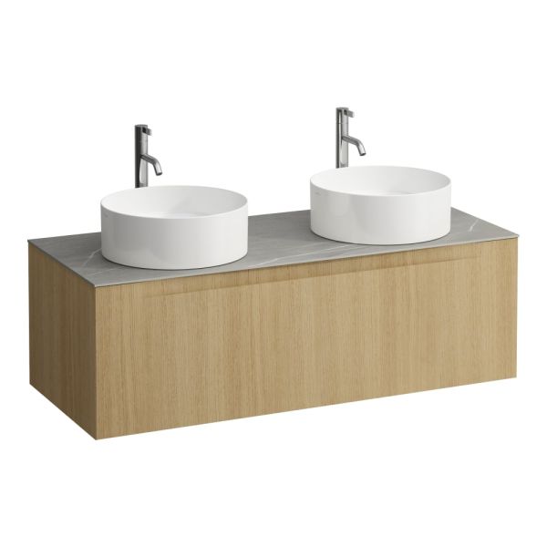 LAUFEN ARUN Zásuvkový element 1200, s 1 zásuvkou, s výrezom vľavo a vpravo, s vrchnou doskou Piasentina Grigio vr. otvoru pre batériu, 1205x505x390 mm, Bledý dub 250, H4161291512501