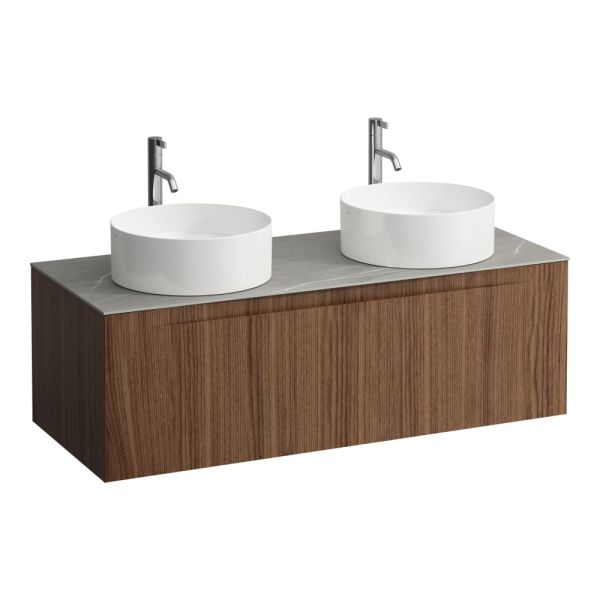 LAUFEN ARUN Zásuvkový element 1200, s 1 zásuvkou, s výrezom vľavo a vpravo, s vrchnou doskou Piasentina Grigio vr. otvoru pre batériu, 1205x505x390 mm, Noce Canaletto – drevená dyha 630, H4161291516301