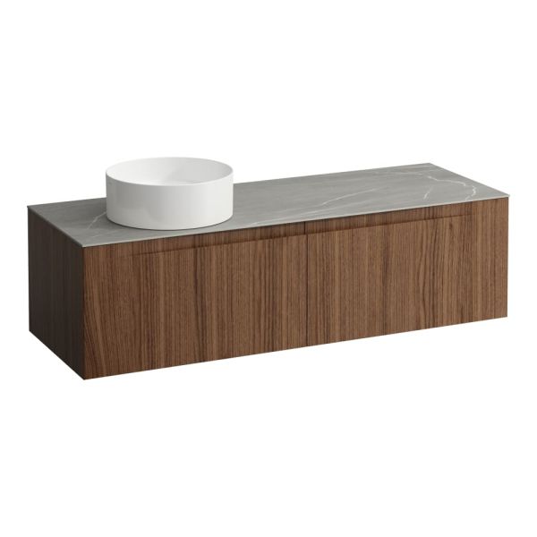 LAUFEN ARUN Zásuvkový element 1400, s 2 zásuvkami, s výrezom vľavo, s vrchnou doskou Piasentina Grigio, 1405x505x390 mm, Noce Canaletto – drevená dyha 630, H4161321516301