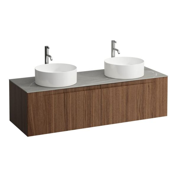 LAUFEN ARUN Zásuvkový element 1400, s 2 zásuvkami, s výrezom vľavo a vpravo, s vrchnou doskou Piasentina Grigio vr. otvoru pre batériu, 1405x505x390 mm, Noce Canaletto – drevená dyha 630, H4161391516301