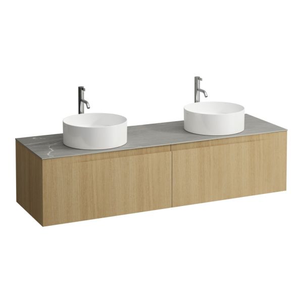 LAUFEN ARUN Zásuvkový element 1600, s 2 zásuvkami, s výrezom vľavo a vpravo, s vrchnou doskou Piasentina Grigio vr. otvoru pre batériu, 1605x505x390 mm, Bledý dub 250, H4161491512501