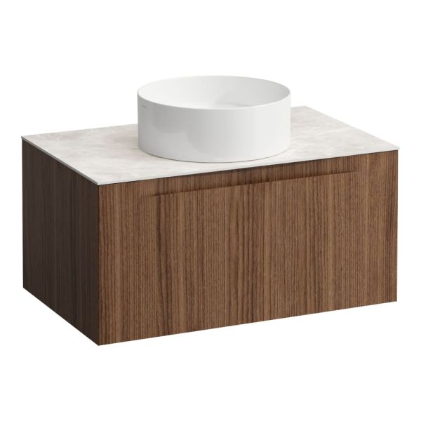 LAUFEN ARUN Zásuvkový element 800, s 1 zásuvkou, s výrezom uprostred, s vrchnou doskou Botticino Crema, 805x505x390 mm, Noce Canaletto – drevená dyha 630, H4171011516301